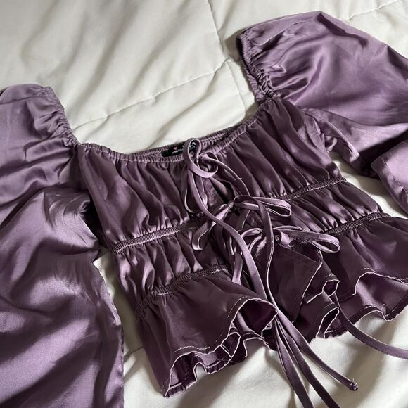 Y2K Purple Mixed Threads Los Angeles Satin Long Sleeves Tie Front Crop Top - Picture 5 of 8